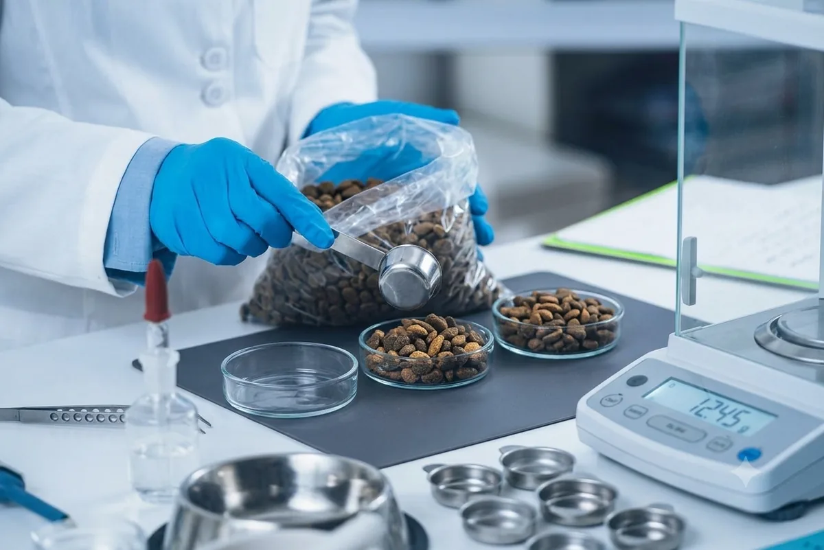 Tierarzt analysiert Hundefutter mit Waage und Messbecher